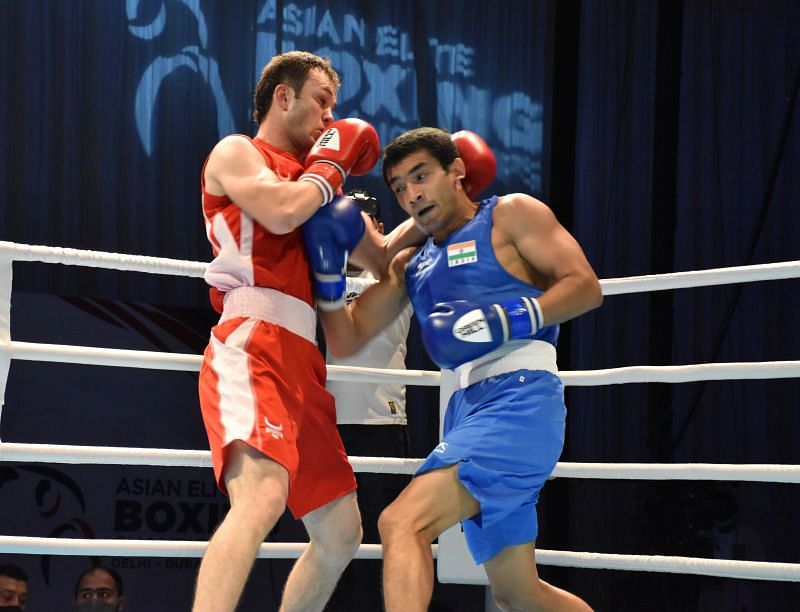 Shiva Thapa in action at the Asian Boxing Championships in Dubai