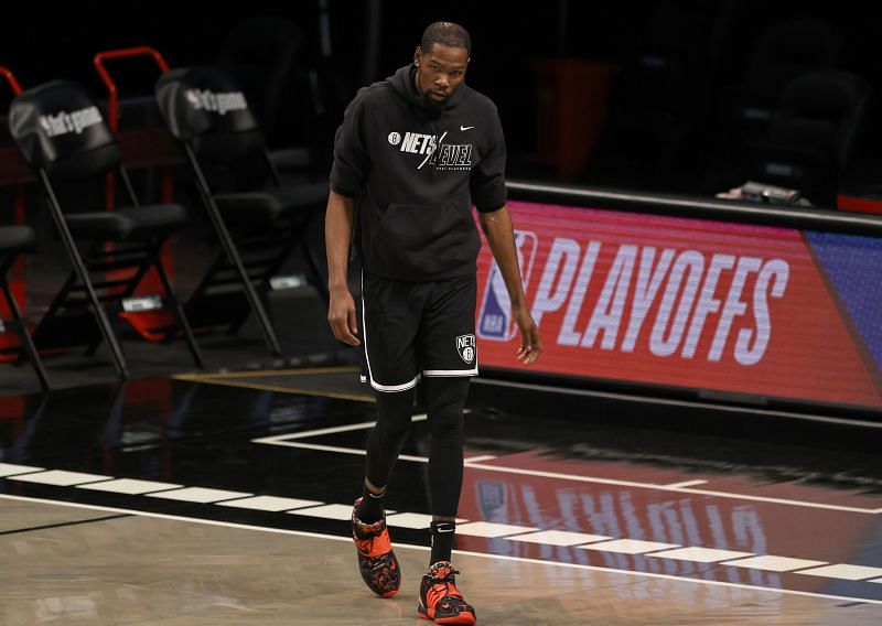  Kevin Durant of the Brooklyn Nets warms up ahead of Game One against the Boston Celtics