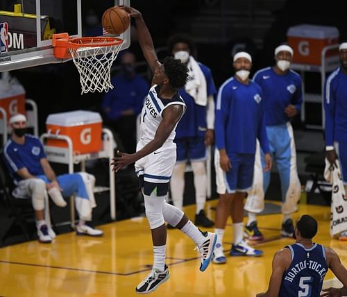 Anthony Edwards #1 of the Minnesota Timberwolves dunks against the Los Angeles Lakers at the Staples Center