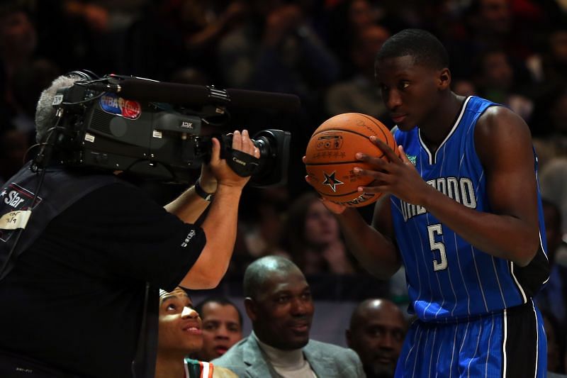 Victor Oladipo #5 of the Orlando Magic competes during the Sprite Slam Dunk Contest in 2015