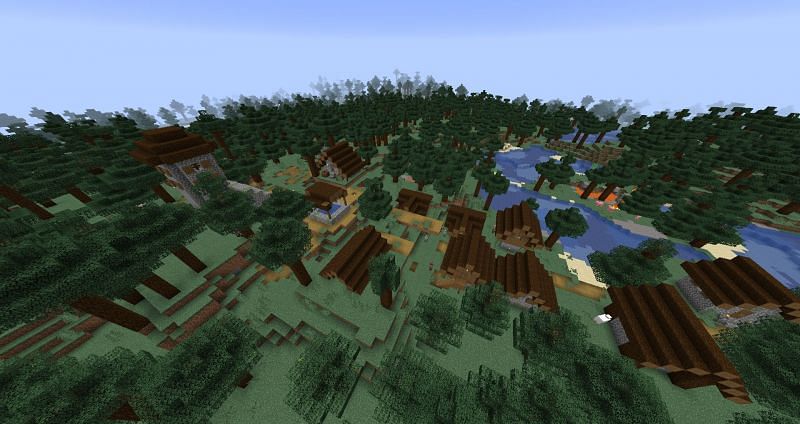 A beautiful Taiga Village that rests upon a river in Minecraft (Image via u/KostekKilka on Reddit)