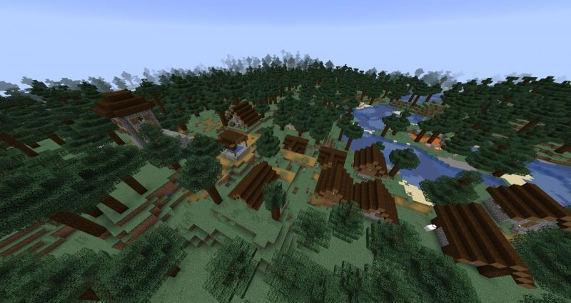 A beautiful Taiga Village that rests upon a river in Minecraft (Image via u/KostekKilka on Reddit)