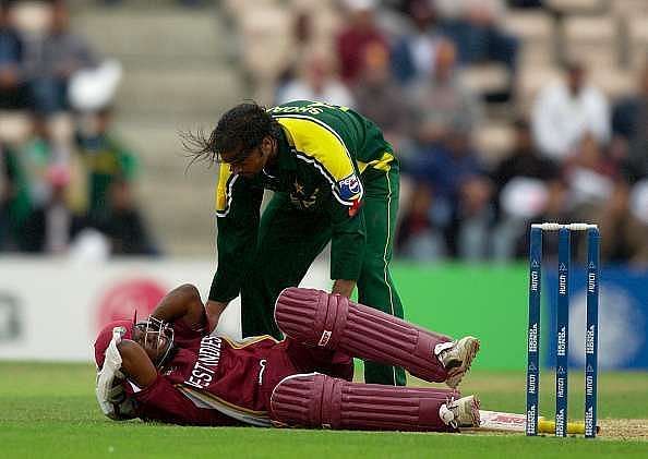 Shoaib Akhtar reaching out to Brian Lara after a lethal bouncer in 2004.