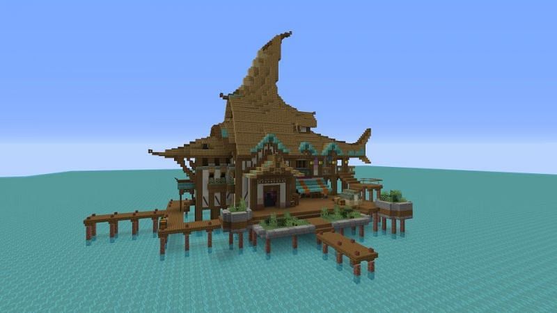 A tropical-looking Shark Shack in Minecraft (Image via u/terchon on Reddit)