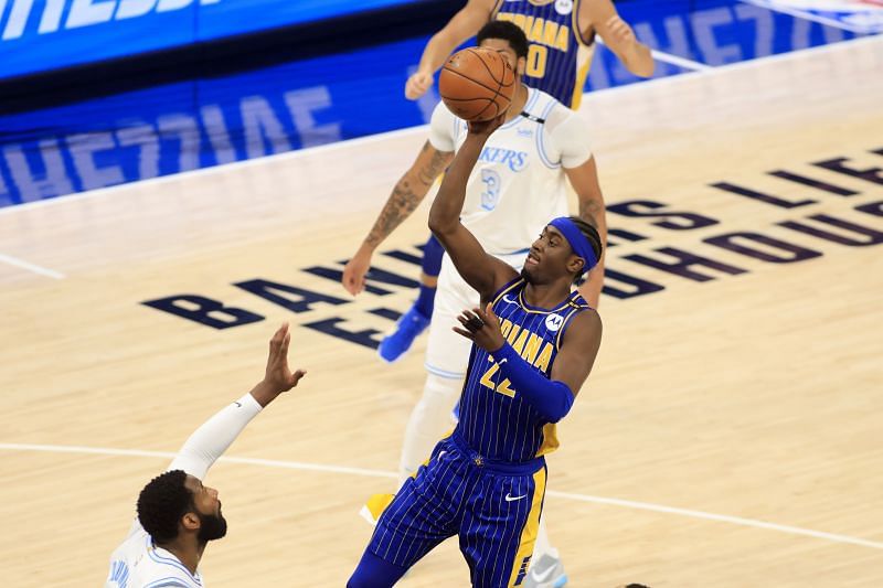 Caris LeVert #22 takes a jumper against the LA Lakers