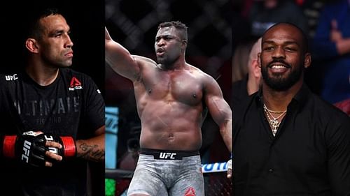 Fabricio Werdum (L), Francis Ngannou (M), and Jon Jones (R)