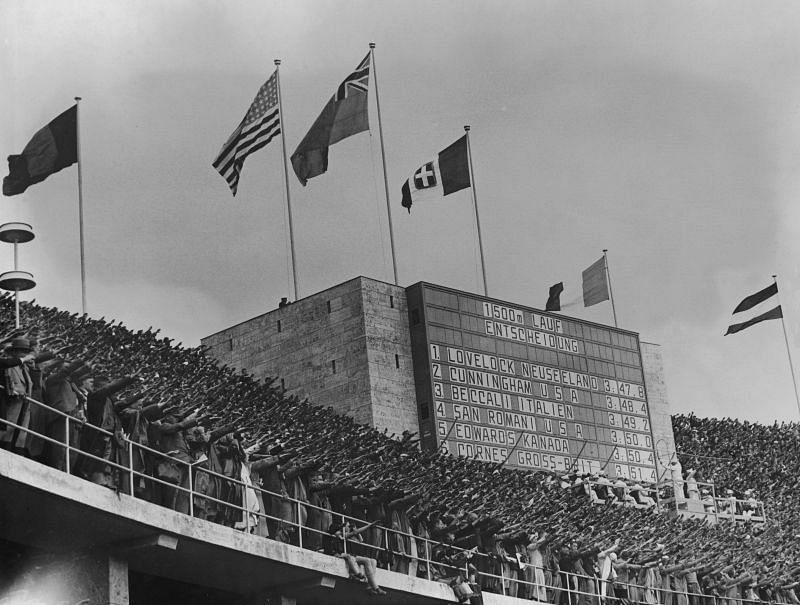 The crowd perfthe Nazi salute at the 1936 Berlin Olympic Games