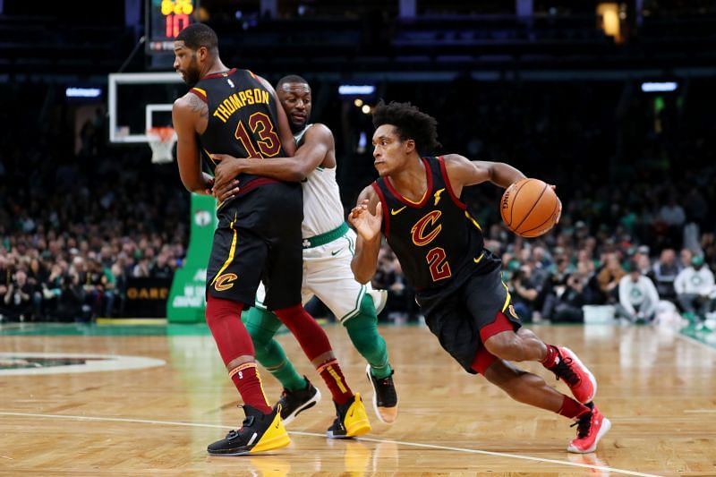 Collin Sexton #2 of the Cleveland Cavaliers drives towards the basket against the Boston Celtics