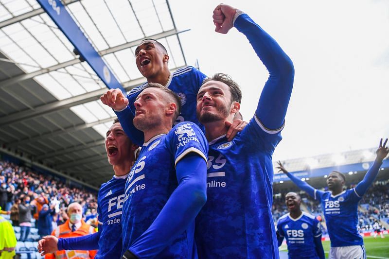 Leicester City celebrate after scoring against Tottenham Hotspur.