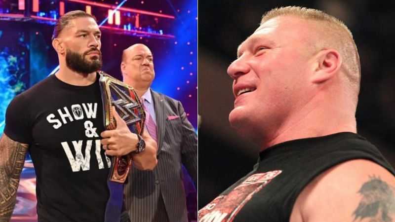 Roman Reigns and Paul Heyman (left); Brock Lesnar (right)