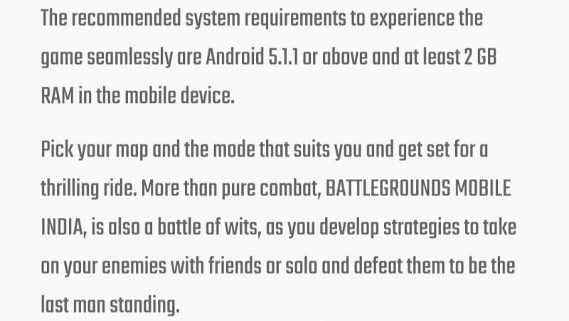 System requirements for the upcoming Battlegrounds Mobile India (Image via Battlegrounds Mobile India)
