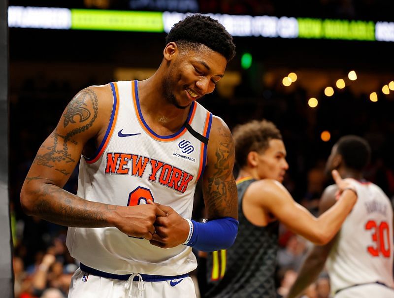 Elfrid Payton #6 of the New York Knicks reacts after being charged with a foul against Trae Young #11 of the Atlanta Hawks