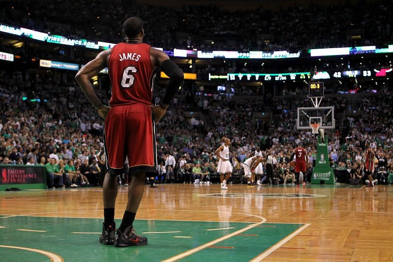 LeBron James #6 of the Miami Heat stands on court against the Boston Celtics in Game Six of the Eastern Conference Finals in the 2012 NBA Playoffs.