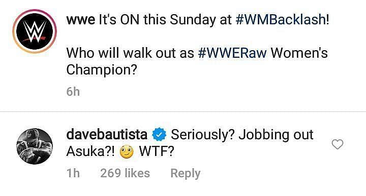 Batista&#039;s response to Asuka&#039;s recent booking on Monday Night RAW.
