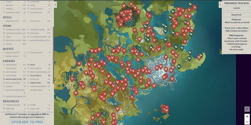 A map showing off the various drop locations for Eula