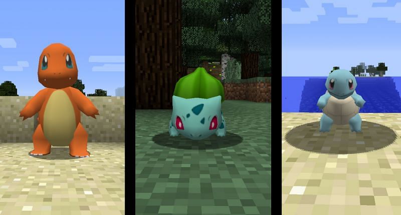 The three Kanto starters found in the Pixelmon mod (Image via u/GGServers-TE on Reddit)