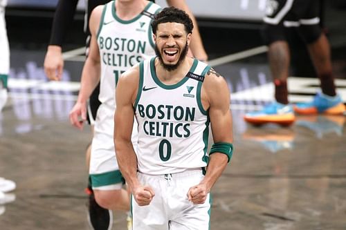 Jayson Tatum #0 reacts during the second half of a game against the Brooklyn Nets