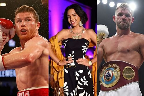 Angela Aguilar (center) performed the Mexican national anthem at Canelo Alvarez (left) vs. Billy Joe Saunders (right) [Center image credit: @angela_aguilar on Instagram]