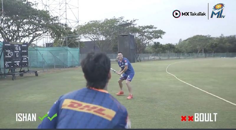 Ishan Kishan bowling to Trent Boult. Pic Credits: @MIpaltan Twitter