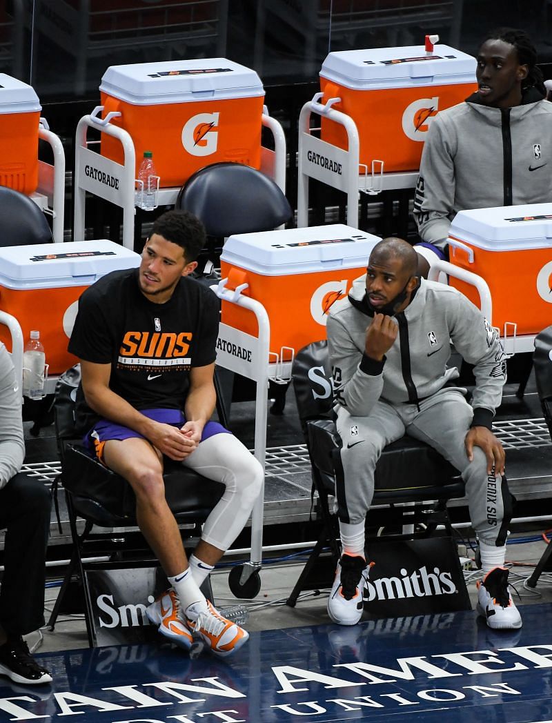 Chris Paul#3 and Devin Booker #1 of the Phoenix Suns