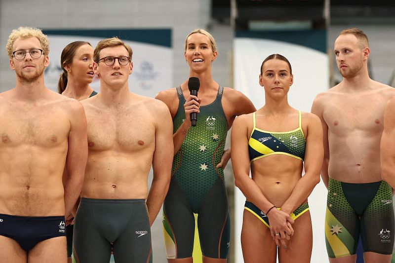 Australian swimmer Emma McKeon speaks during the Tokyo Olympics swimming uniform launch.