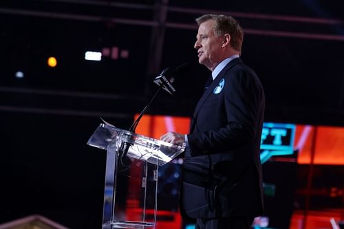 NFL Commissioner Roger Goodell announces Ja'Marr Chase as the fifth pick by the Cincinnati Bengals during round one of the 2021 NFL Draft on April 29, 2021 in Cleveland, Ohio.