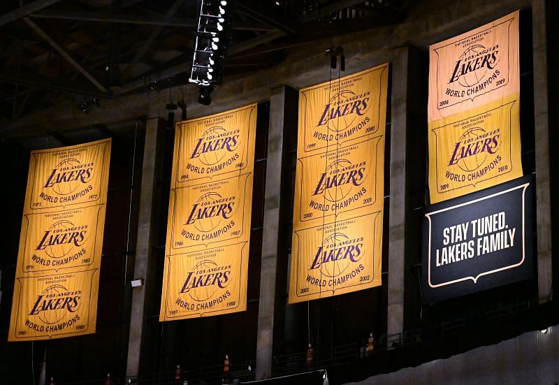 A display of banners before the unveiling of the main banner for the Los Angeles Lakers&#039; 2020 NBA Championship season