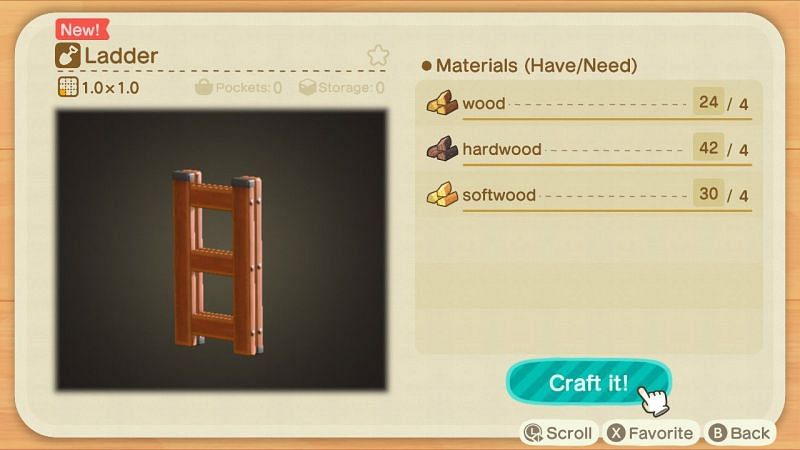 The recipe for crafting a ladder in Animal Crossing: New Horizons (Image via Nintendo)