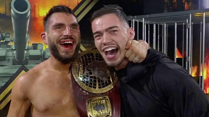 Johnny Gargano with Austin Theory and the NXT North American Championship