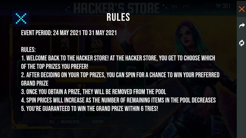 The rules of the Hacker&rsquo;s Store event in Free Fire