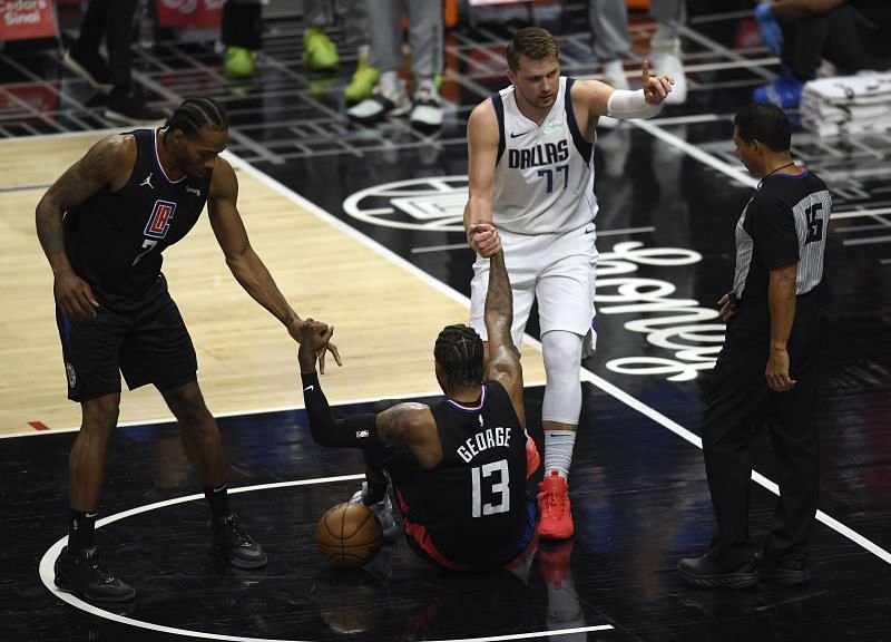 Luka Doncic #77 of the Dallas Mavericks argues his foul.