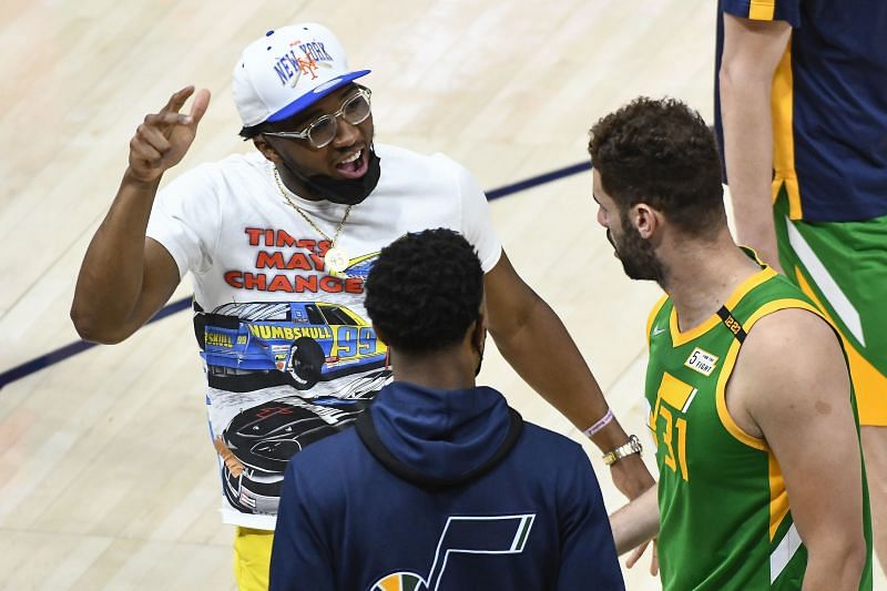 Donovan Mitchell reacts to a three-pointer by the Utah Jazz