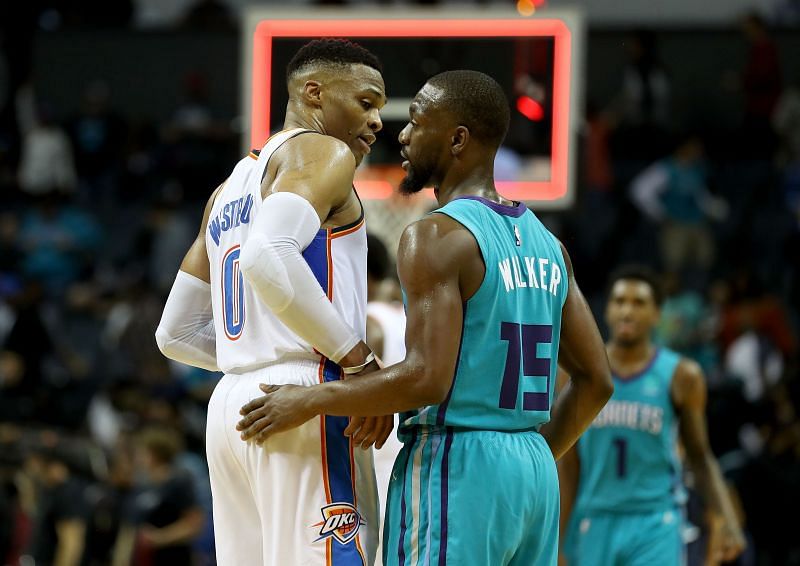 Russell Westbrook of the Washington Wizards and Kemba Walker of the Boston Celtics