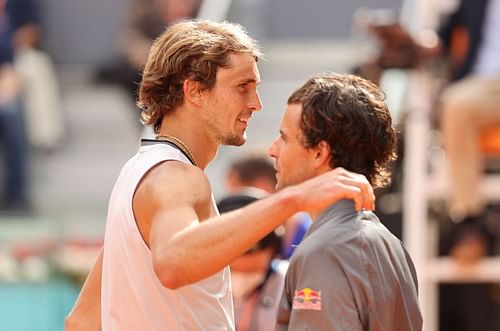 Alexander Zverev and Dominic Thiem embrace after their semifinal match in Madrid