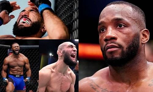 Belal Muhammad (top left); Tyron Woodley (bottom, far left); Khamzat Chimaev (bottom, second from left); Leon Edwards (right)