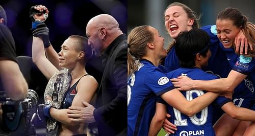 Rose Namajunas (Left) and members of Chelsea women's team (Right)