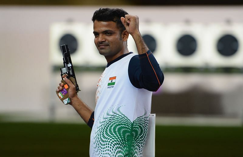 Vijay Kumar after winning the silver medal in the men&#039;s 25m rapid fire pistol event at the 2012 London Olympics