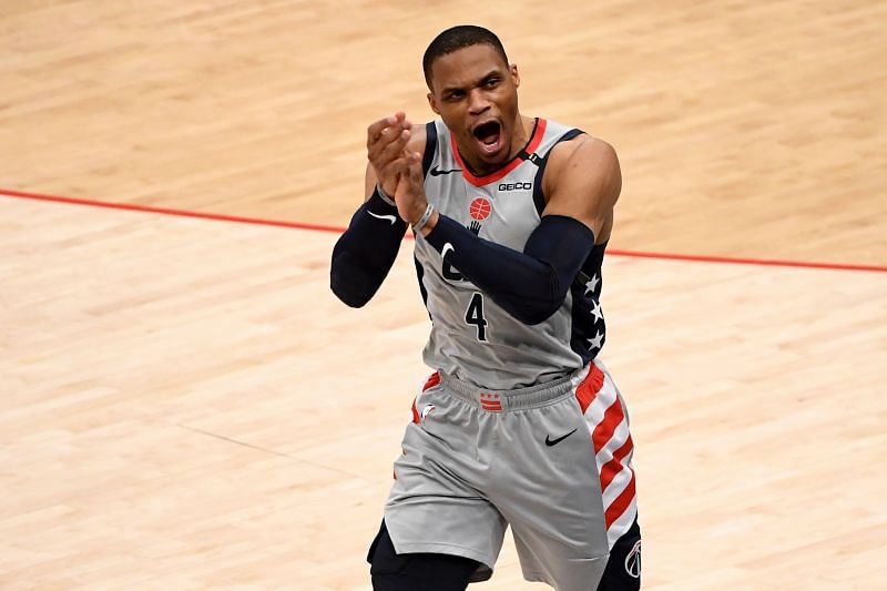 Washington Wizards star Russell Westbrook #4 reacts towards the crowd