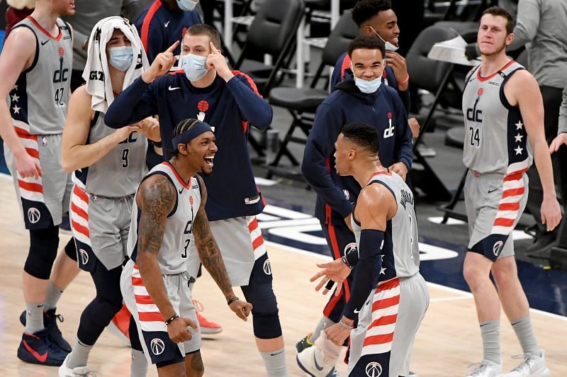 Westbrook celebrates a win with Bradley Beal