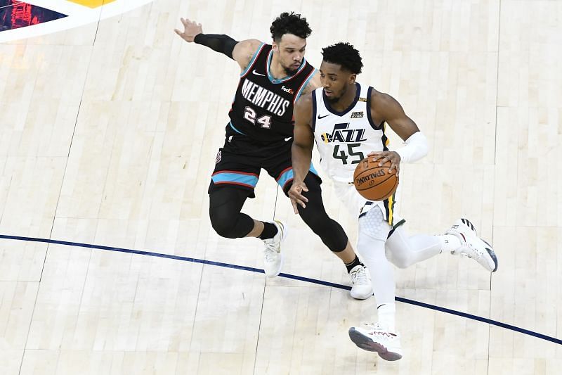 Donovan Mitchell of the Utah Jazz in action against the Memphis Grizzlies