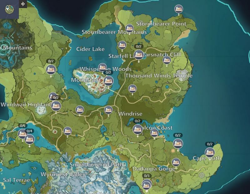 All locations for Dandelion Seeds (image via miHoYo)