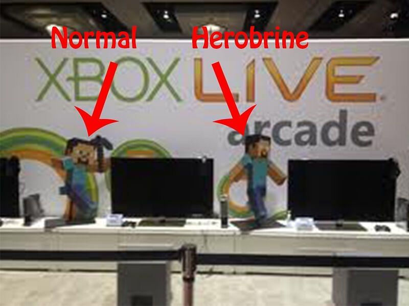 Herobrine statue next to one of Steve at the MINECON 2011 Xbox 360 booth (Image via Mojang)