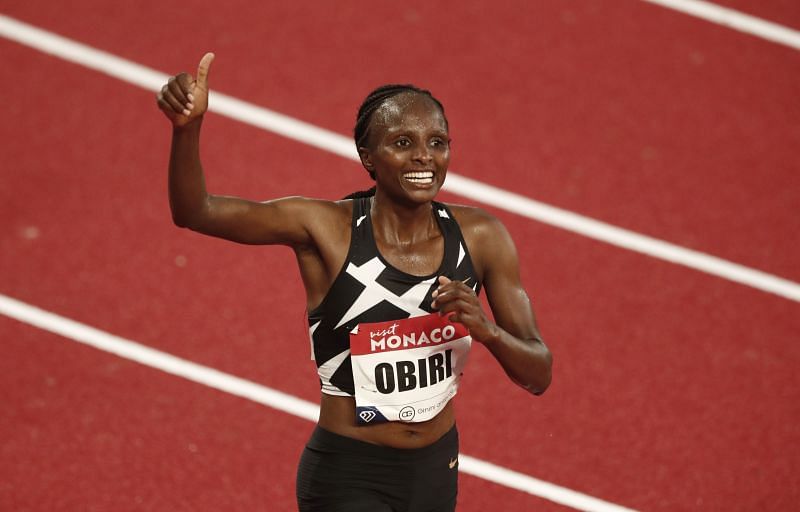 Hellen Obiri of Kenya celebrates victory in the Women&#039;s 5000 meters during the 2020 Monaco Diamond League (Photo by Guillaume Horcajuelo/Pool via Getty Images)
