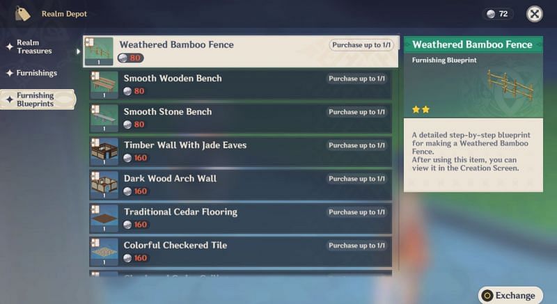 Furnishing blueprints sold in the Realm Depot (image via Genshin Impact)