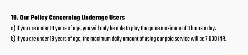 Battlegrounds Mobile India&rsquo;s terms of service regarding under-18 players (Image via Battlegrounds Mobile India)