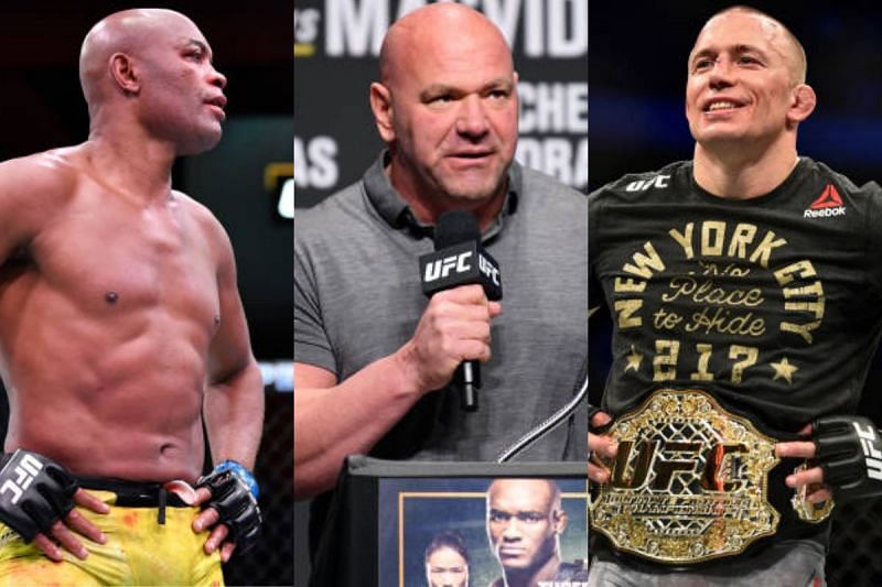 Anderson Silva (left); Dana White (center); Georges St-Pierre (right).