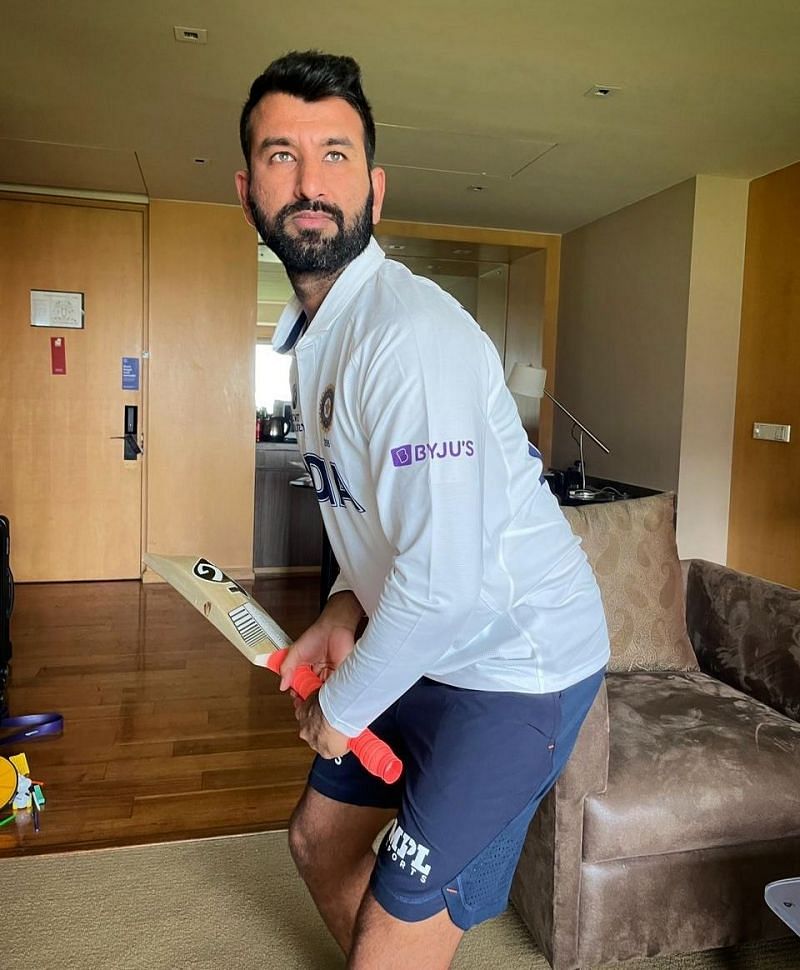 Cheteshwar Pujara donning India&#039;s new shirt for the WTC final.