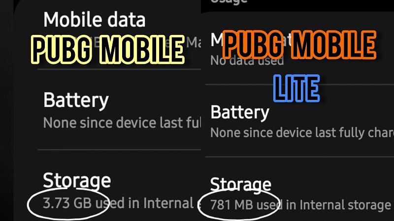 Storage size comparison of PUBG Mobile and PUBG Mobile Lite