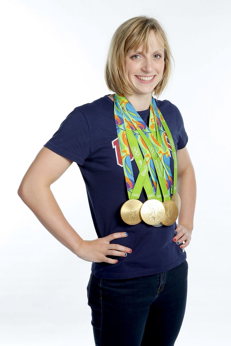 Katie Ledecky poses with her medals in the 2016 Rio Olympic Games