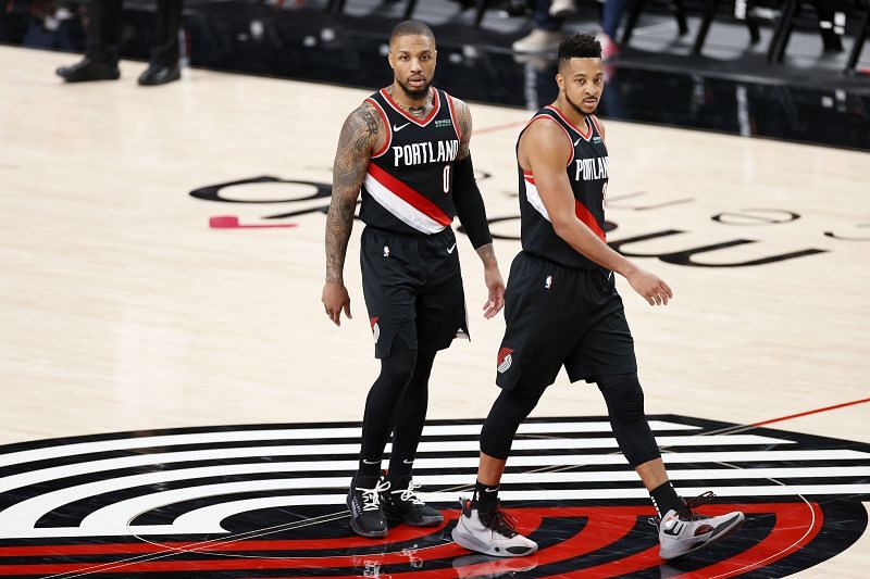 Damian Lillard #0 and CJ McCollum #3 of the Portland Trail Blazers